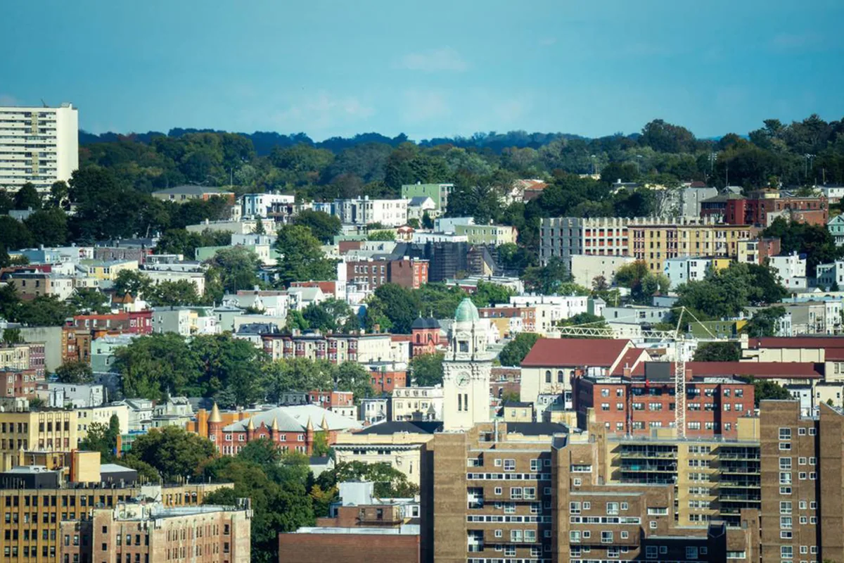 Yonkers neighborhoods and commercial rooftops from above Yonkers neighborhoods and commercial rooftops from above