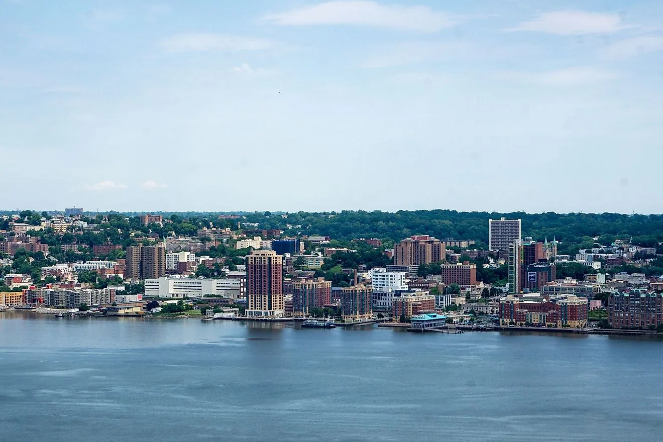 Yonkers waterfront and downtown skyline seen from the Hudson River Yonkers waterfront and downtown skyline seen from the Hudson River